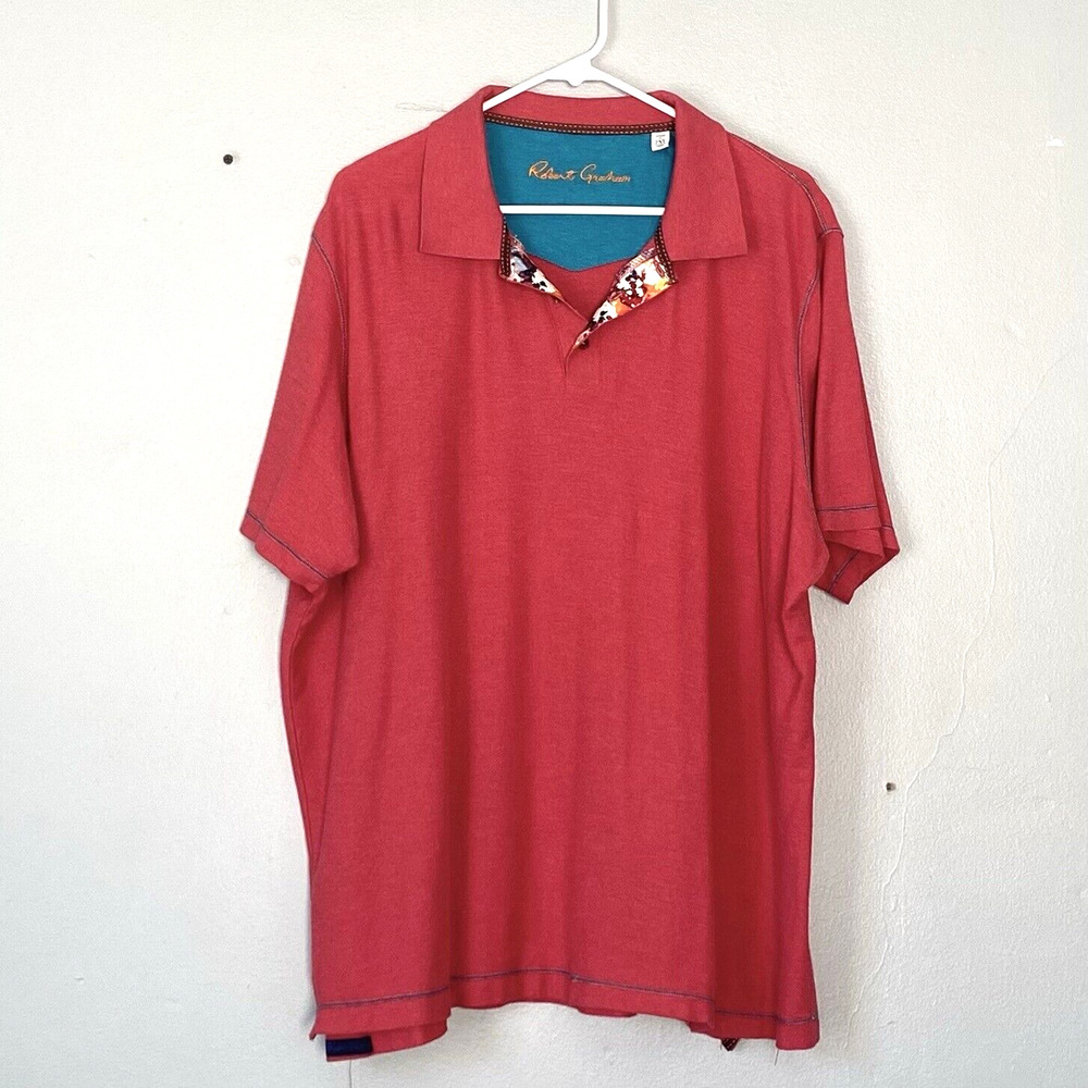 Robert Graham Polo Shirt Mens Size 2XL Red Floral Trim Golf Preppy Colorful